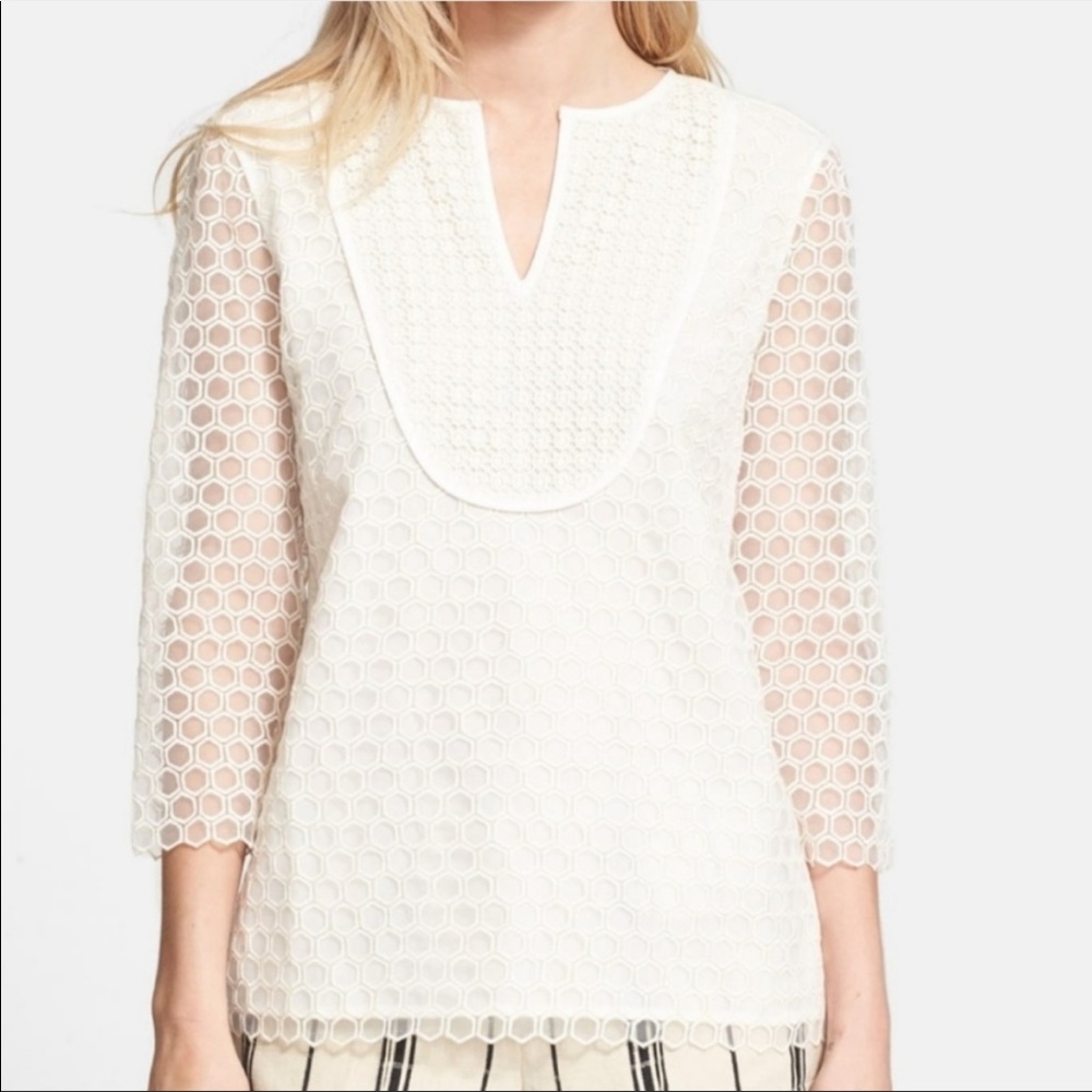 Tory Burch White Eyelet Lace Split-Neck Blouse